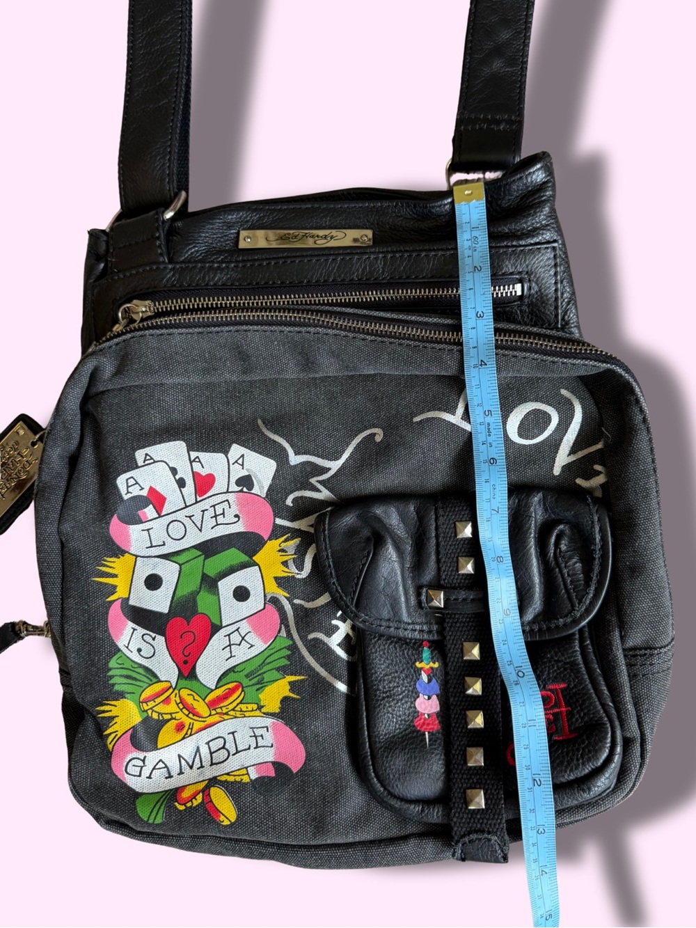 Ed Hardy Love Is A Gamble Black Denim Leather Saddle Crossbody Bag Y2K - Picture 5 of 9